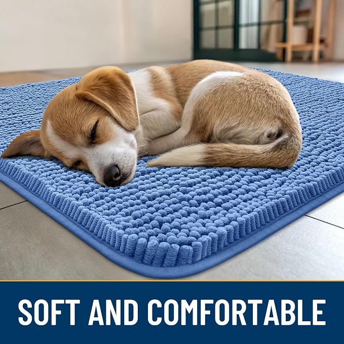 Smiry Dog Door Mat for Muddy Paws 24x16, Absorbent Dirt Trapper, Non-Slip Washable Chenille Entryway Rug for Inside Floor, Cornflower Blue, Classic Solid