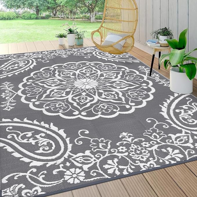 Pauwer Outdoor Rug 8x10, Waterproof Plastic Straw Camping Rug, Boho Grey | Reversible Patio Rug, UV Resistant Indoor Outdoor RV Mat Carpet For Deck, Camper, Porch, Balcony, Backyard, Picnic, Foldable