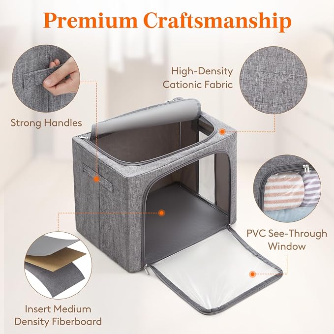 Lifewit Clothes Storage Bins with Metal Frame, Stackable Storage Box, Foldable Clothing Storage Bins with Lids, 40L Storage Bags Fabric Box Organizer with Clear Window＆ Zippers＆ Sturdy Handles 3 Pack