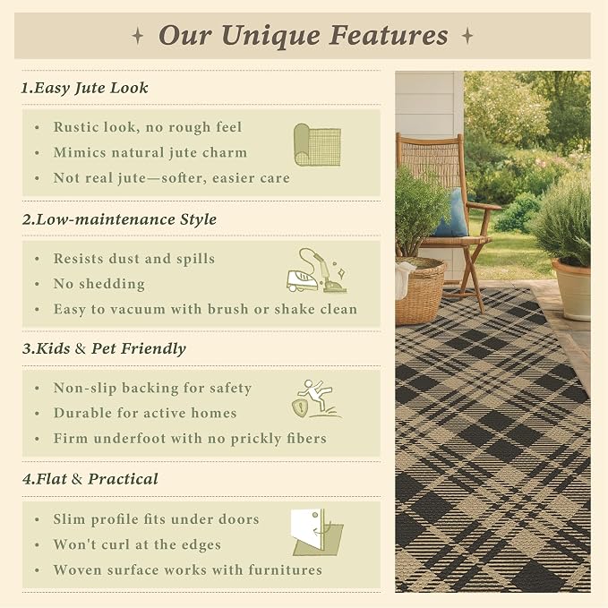 JTJ Vintage Outdoor Entrance Rugs 3x5 - Easy Jute Woven Rug for Indoor Area, Kitchen, Bedroom, Washable Low Pile Black and White Classic Decor