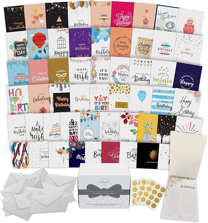 Dessie 60 Unique Birthday Cards Assortment 5x7 with Generic Birthday Greetings Inside. Suitable For Men, Women and Kids. Send As Is Or Personalize. Includes Envelopes and Gold Stickers
