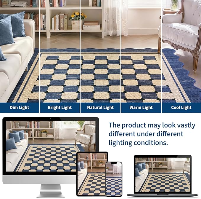 Garvee Scalloped Washable 2x6 Kitchen Runner Rug, Easy Jute Checkered Navy Rugs for Entryway Hallway, Indoor Outdoor Non Slip Rug Farmhouse Modern Carpet Door Mat for Porch Bedroom Laundry Room 2'x6'