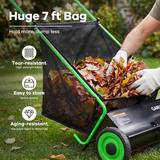 Push Lawn Sweeper, 26 in Leaf & Grass Collector with 7 cu. ft. Hopper Bag, Heavy Duty Yard Sweeper with Clear Dust Cover & Large Collection Bag for Lawn Yard Cleanup
