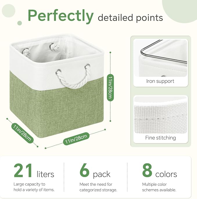 FinishingBo 11 inch Cube Storage Bin with Handles 6 Pack | Foldable Basket, Fabric Storage Bins, Closet Storage, Home Organizer (White/ Green)