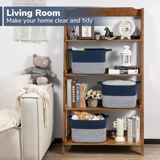 Goodpick Cotton Rope Storage Basket for Shelves, 13" x 10" x 9", Blue | Books, Toys & Towels Storage, Closet & Cube Organizer, Reinforced Handles, Decorative Home Organization