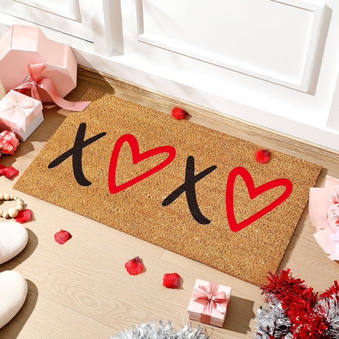 Ceenna Valentine's Day Coir Doormat Outdoor Indoor XOXO Love Hearts Welcome Door Mat Valentine's Day Rug Front Door Mat for Porch Decor Gifts, 16 x 28 Inch