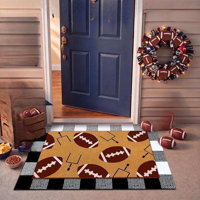 Tinideya 2 Pcs Football Theme Door Mat American Ball Design Welcome Non Slip Coir Mats Sports Floor Layering Doormats Seasonal for Front Porch Entryway Decor(Football Theme)