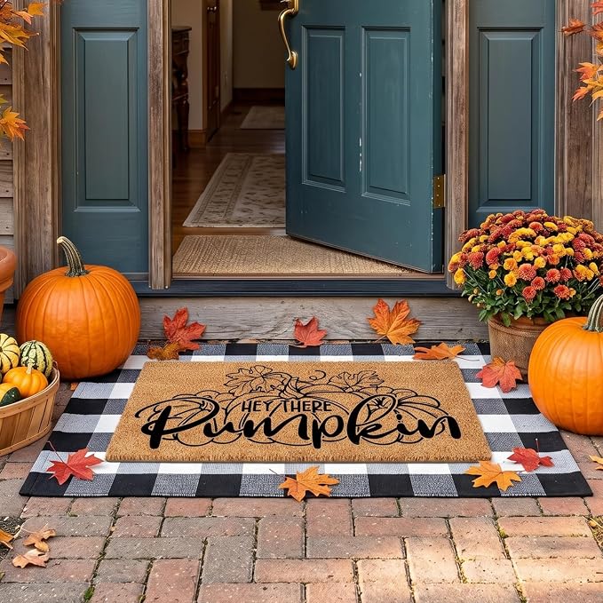 Moucuny 2 Pcs Fall Coir Welcome Doormat Outdoor 16'' x 28'' Hey There Pumpkin Coir Welcome Mat Layered 24'' x 35'' Black and White Plaid Rug Set for Fall Autumn Front Porch Entryway Entrance Decor
