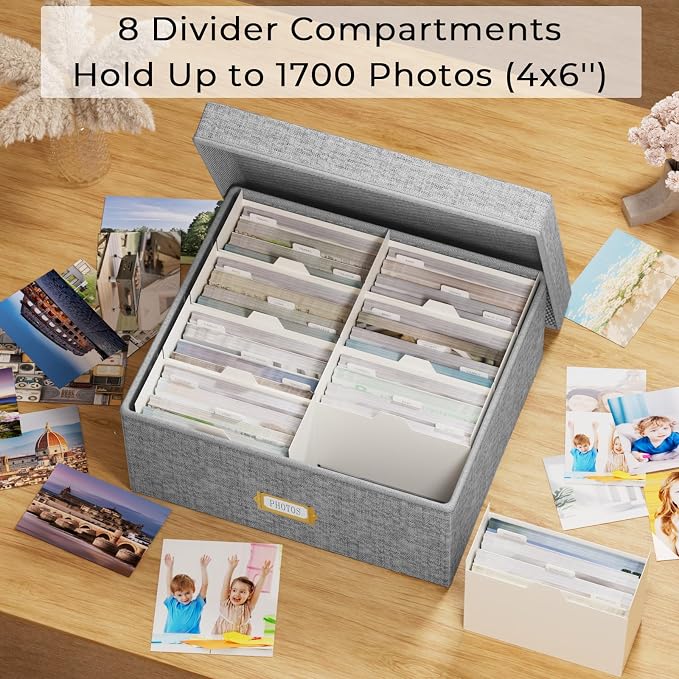 Decorative Photo Storage Box, Linen Photo Box Holds 1700 4x6 Pictures Grey | Photo Storage Containers with 8 Dividers, Memory Keepsake Organizer for Photos, Scrapbook Supplies, Cards, Stamps,Archive Box