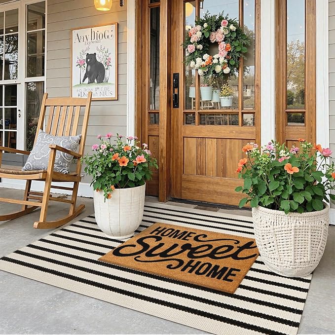 Collive Black and White Rug 3x5, Washable Outdoor Rug for Porch Cotton Woven Farmhouse Indoor Outdoor Rugs, Layered Welcome Door Mat, Floor Throw Carpet for Fall Front Door Decor Kitchen