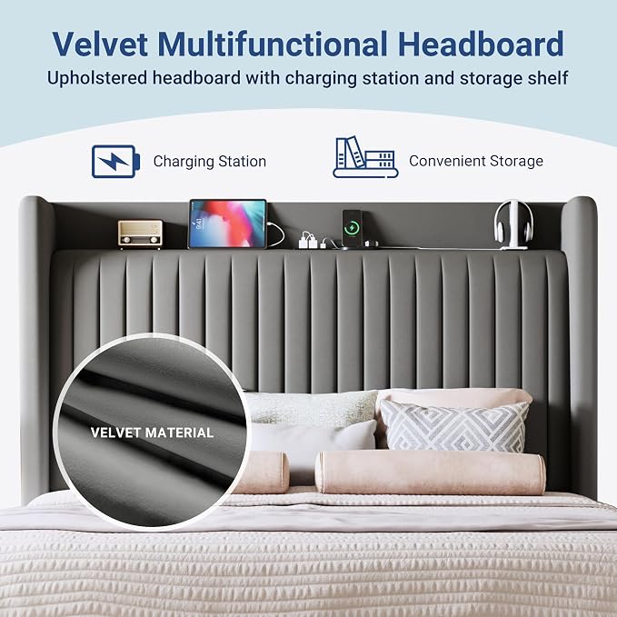 Allewie Queen Size Platform Bed Frame with USB Charging Station and Storage Shelf/Upholstered Velvet Wingback Headboard/Wooden Slats Support/No Box Spring Needed/Easy Assembly, Grey
