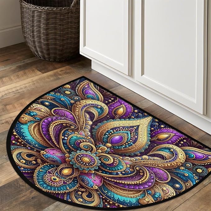 Lotu Half Round Door Mat Semi Moon Rug Fireplace Carpet Area Rugs | Colorful Bohemian Non Slip Absorbent Half Circle Mat Carpet for Indoor Outdoor Patio Kitchen Bathroom Entryway Home Decor