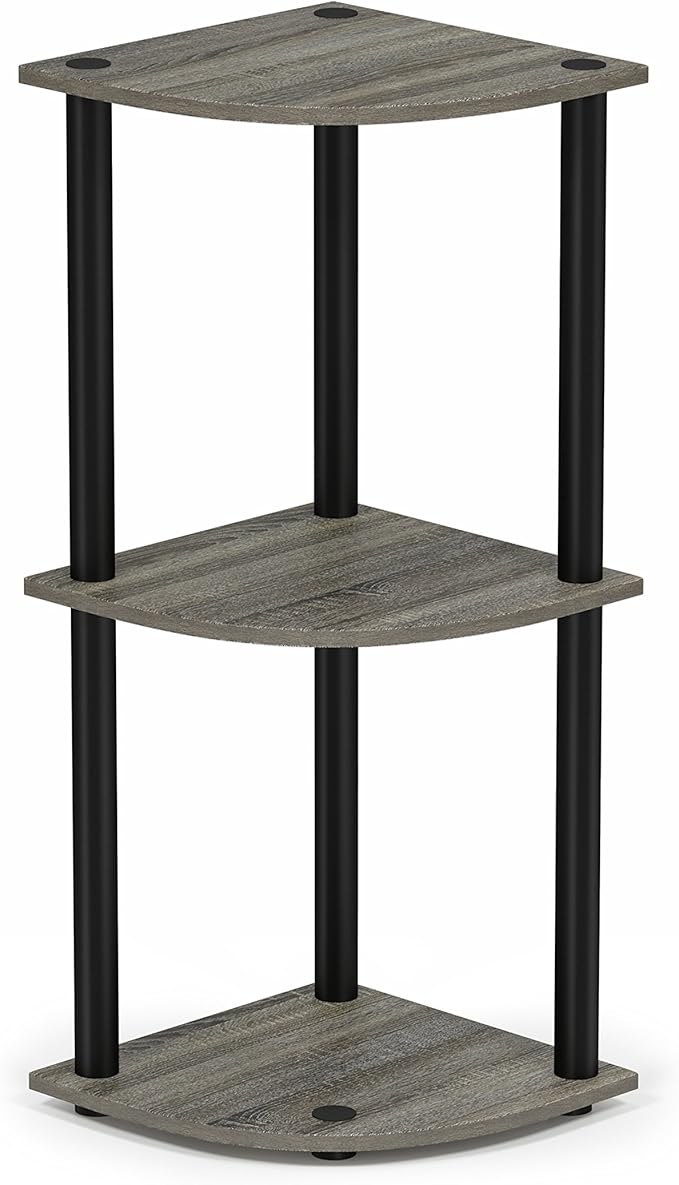 Furinno Turn-N-Tube Toolless Assembly 3-Tier Corner Shelf, Corner Book Shelf, Open Shelves Bookshelf, for Organization and Storage, Living Room, Home Office, Bedroom, Grey Oak