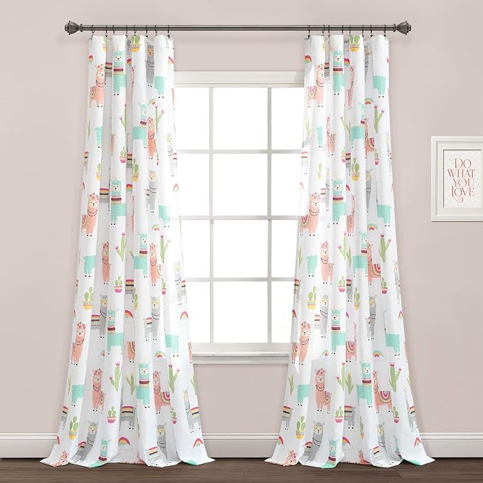 Lush Decor Southwest Llama Cactus Window Curtain Panel, Pair, 52" W x 84" L, White & Blush - Cute Colorful Boho Curtains for Kids Room