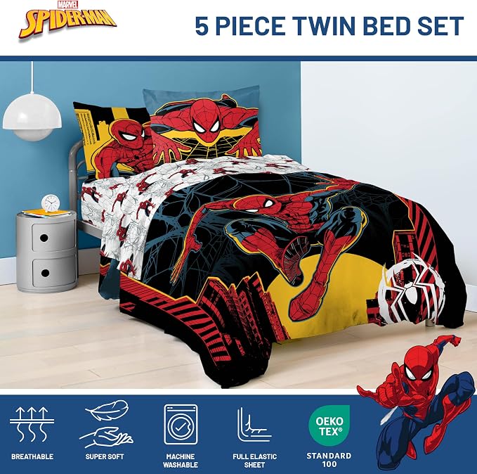 Jay Franco Kids Comforter Set Includes Sheets and Pillow Covers - Soft and Cozy Bed Set for Stylish Room Decor, Official Licensed Bedding, Black - Spiderman, 5 Piece Twin