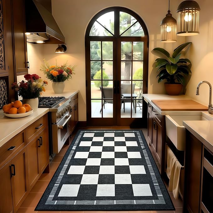 Vasofe Plaid 3x5 Outdoor Patio Rug,Washable Jute Checkered Entryway Rugs | Black and White Indoor Bedroom, Farmhouse Neutral Front Door Mat,Modern Carpet for Porch Patio Balcony Kitchen