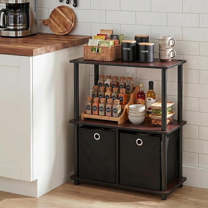 Furinno TURN-N-TUBE Storage Shelves, 3-Tier Toolless Book Shelf with Storage Bins, Display Shelf, for Organization and Storage, Living Room, Garage, Home Office, Dark Cherry