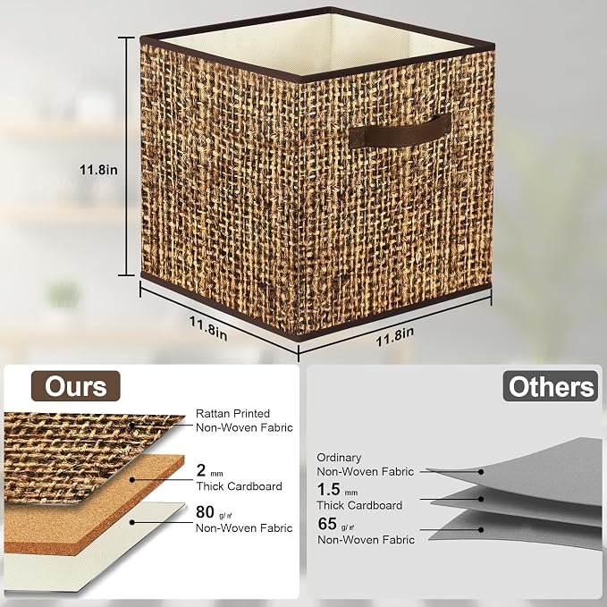 homyfort 12x12 Cube Storage Bins - Fabric Cubby Bins with Dual Handles, Collapsible Storage Organizer for Shelf, Closet, Nursery, Set of 6 （PRINTING instead of Rattan Weaving）