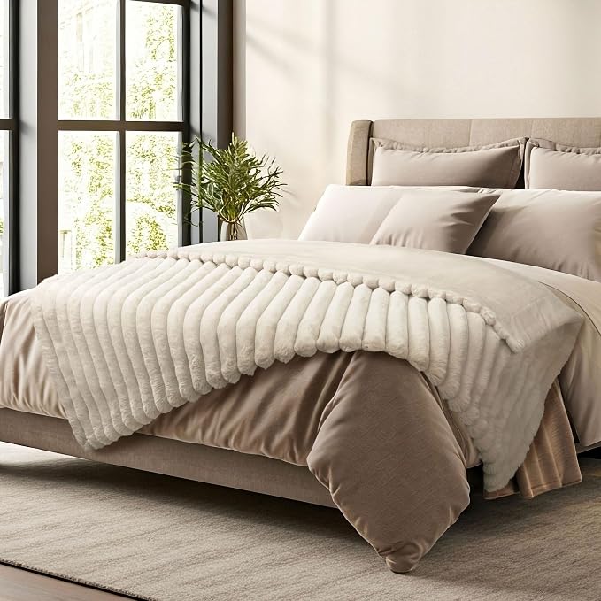 DEZ FURNISHINGS Luxury Reversible Textured Stripe Faux Fur & Velvet Throw Blanket, Twin (66" x 90"), Taupe