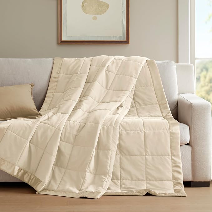 Madison Park Down Alternative Queen Blanket for Bed, Satin Trim, Cream | Lightweight Windom Blanket Full Size Premium 3M Scotchgard Moisture Wicking Treatment, OEKO TEX, Soft Bed Cover, All Season