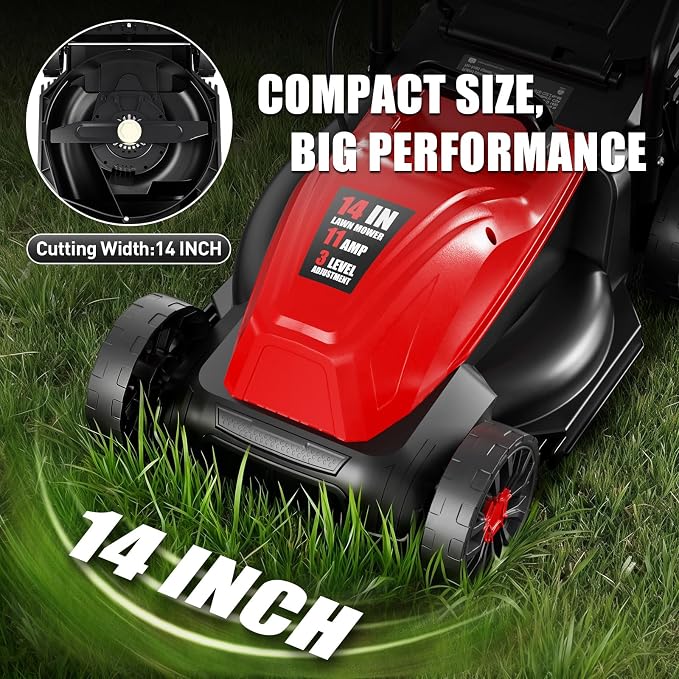 Baotree 12Amp 14" Corded Lawn Mower, 3-Height, 2-in-1 Mulch & Bag | Corded Electric, Lawn Care