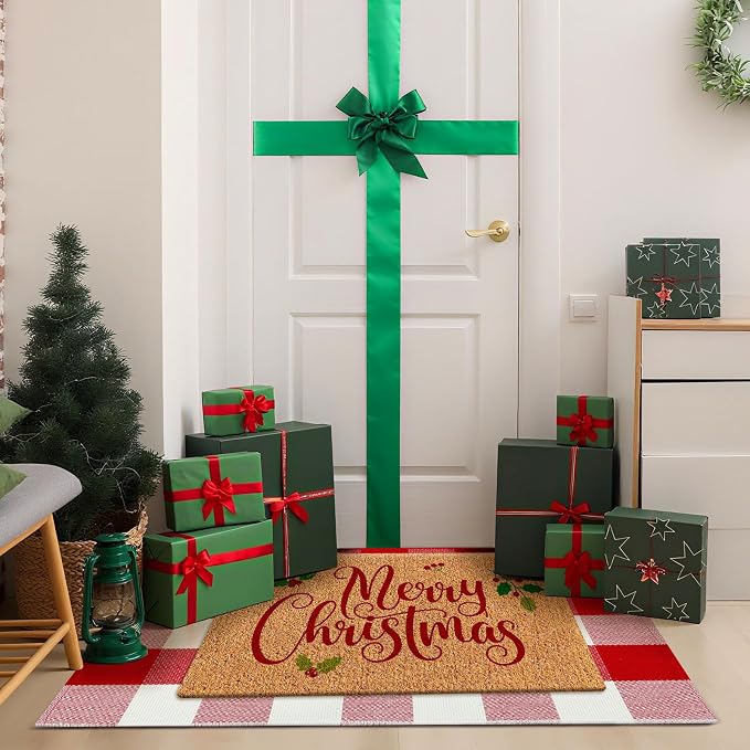 Moucuny 2 Christmas Outdoor Mat, Non Slip | Merry Christmas Welcome Coir Door Outdoor Red White Plaid Rug Front Door Porch Entryway Decor,24'' X 35'',16'' X 28''