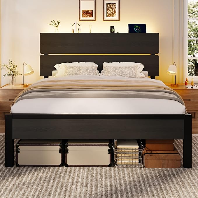 SHA CERLIN Queen Size Bed Frame, Led Light, Charging Station, Storage Shelf | Wooden Headboard, Heavy Duty Slats Support, Metal Platform Bed, Under Bed Storage, No Box Spring Needed, Noise Free, Black