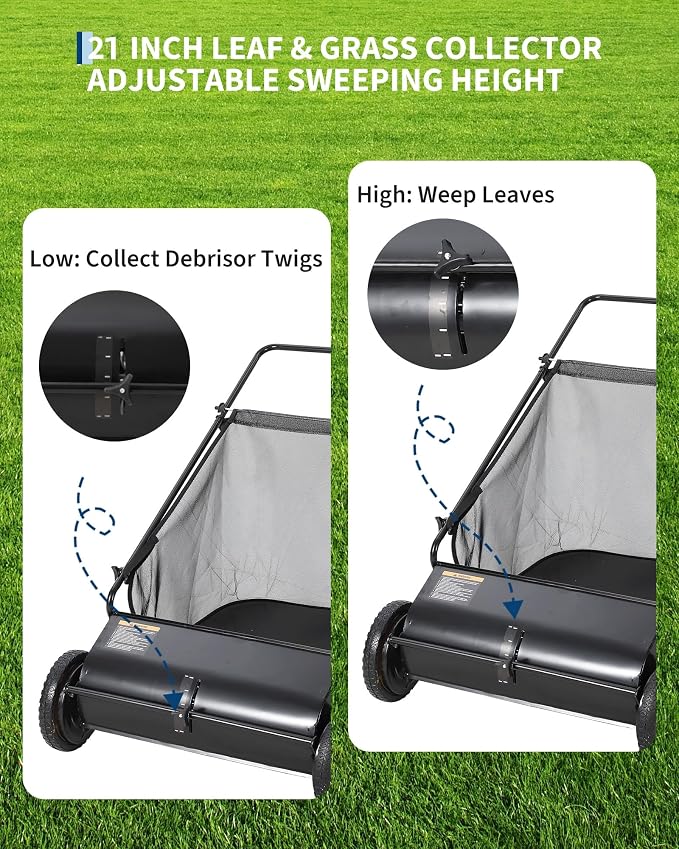 Garvee 21 Inch Push Lawn Sweeper, 3.5 Cu. Ft. Hopper Capacity Grass Sweeper, Manual Push Yard Sweeper with Height Adjustment & 4 Fast Spinning Brushes for Grass Clippings, Leaves & Debris, Black