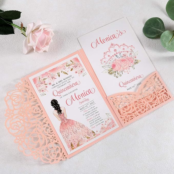 50PCS Personalized Pink Quinceanera Invitations with Envelopes | 4.7x7 inch, Laser Cut Hollow Rose Pocket, Invitation Cards for Miss XV, Sweet 16, 18th Birthday, Quince Invite