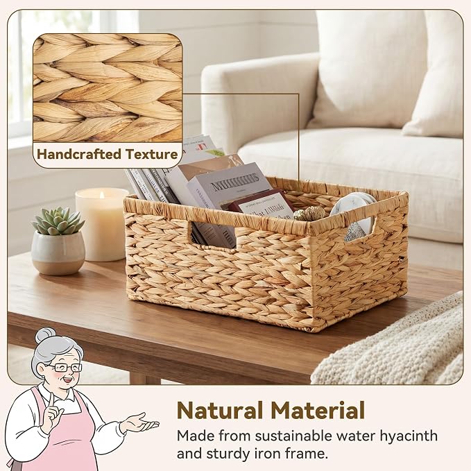 GRANNY SAYS Wicker Basket with Handles, Large Wicker Storage Basket for Shelves, Water Hyacinth Woven Basket, Decorative Basket for Pantry, 1-Pack