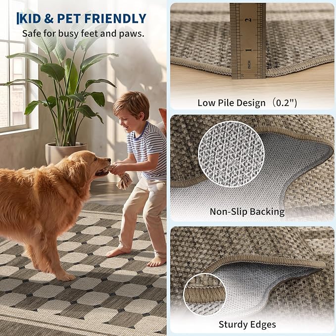 Garvee Scalloped Easy Jute 5x7 Outdoor Patio Rug, Washable Modern Boho Rugs for Living Room, Non-Slip Farmhouse Checkered Outdoor Mat Neutral Floor Carpet for Patio Dining Room Backyard 5'x7'
