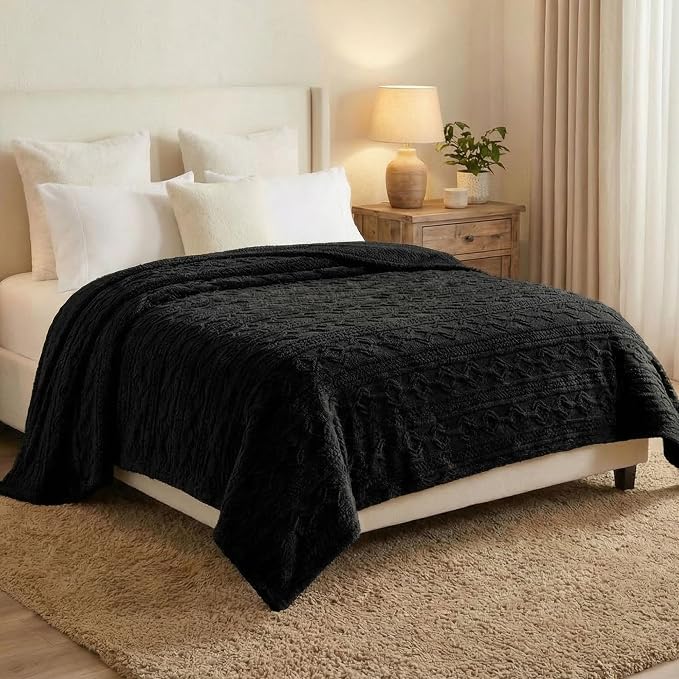 Superior Fleece Boho Jacquard Blanket, Decorative Blankets for Bedroom, Sofa, Fuzzy, Plush, Fluffy, Soft, Cute Room Decor, Beautiful Cover, Comfort Essentials, Arctic Collection, King, Black