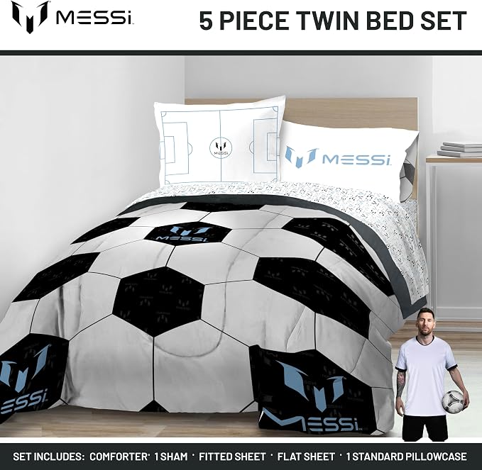 Messi Twin Comforter Set 5 Piece Kids Sports Bedding for Boys, White | Bed in a Bag, Comforter Sheets Sham Pillowcase, Official Brand, Soft Microfiber, Machine Washable, Easy Care, Boys Gift