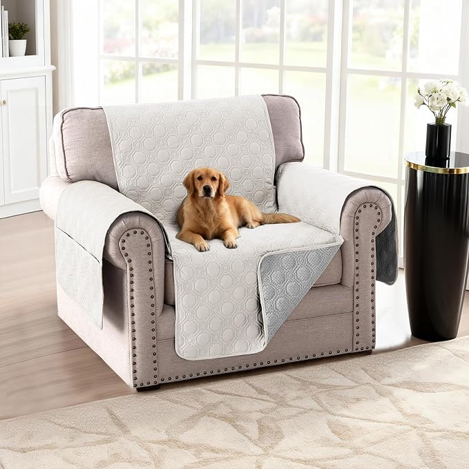 H.VERSAILTEX 100% Waterproof Chair Slip Cover Thick Durable Couch Covers for Dogs Triple Non-Slip Couch Protector Sofa Covers for Pets Washable(Chair, Beige)