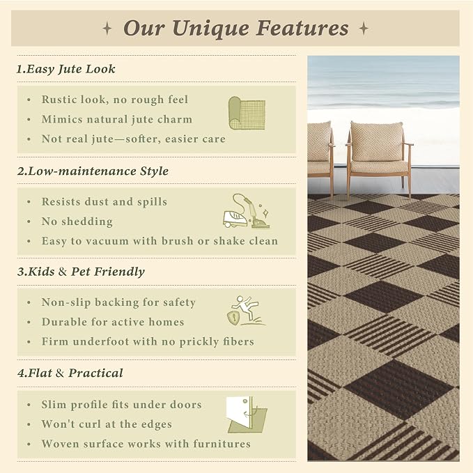 JTJ Easy Jute Diamond 5x7 Area Rug for Living Room - Door Mat Indoor Entrance, Checkered Plaid Rug for Patio, Bedroom, Home Office, Woven Low Pile Washable Beige Black Geometric Front Porch Décor