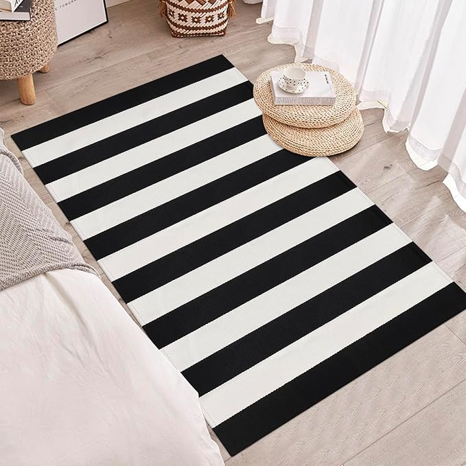 Black and White Striped Rug 3x5 Front Door Mat Cotton Woven Rug Front Porch Decor Washable Indoor Outdoor Rugs for Layered Door Mats Entryway Kitchen Bath Patio Farmhouse Carpet