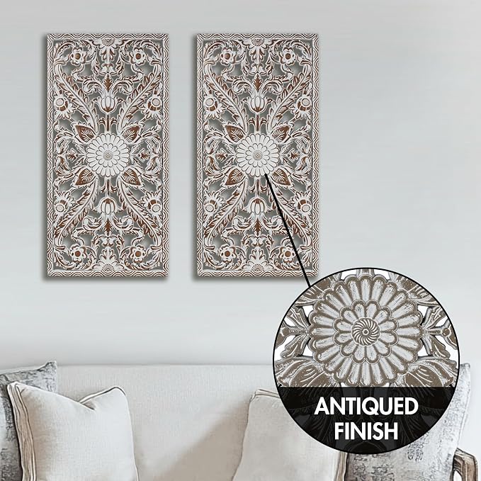 Madison Park Wall Décor for Living Room - Botanical Panel, Home Accent Modern Kitchen Dining Decoration, Ready to Hang 2-Piece Distressed Carved Wood Panel Set for Bedroom, 15.75"W x 31.50"H, Antique Brown