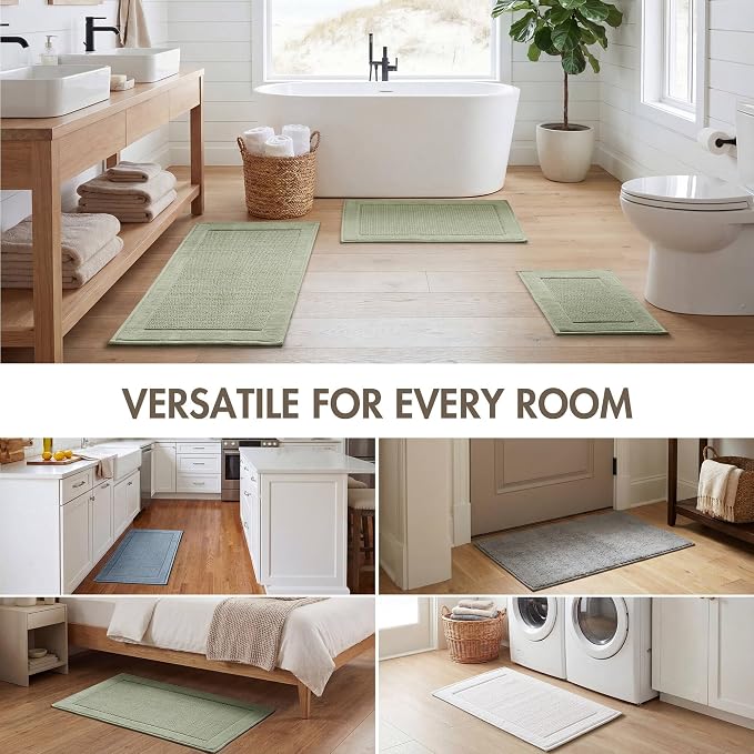 Madison Park Sanctuary 100% Cotton Non-Slip Bath Rug for Bathroom, Bedroom & Entryway, 17x24 Inch Low-Profile Soft Absorbent Woven Bathroom Rug, Machine Washable, Sage Green