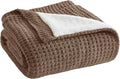 Madison Park Rowan Sherpa Throw Blanket Waffle Weave, 50 x 60, Brown | Cozy Warmth for Sofa or Bed, Reversible, Lightweight, Farmhouse, OEKO-TEX Certified
