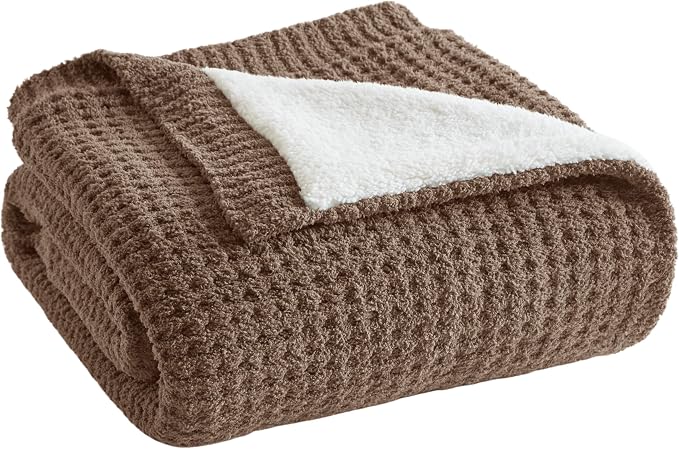 Madison Park Rowan Sherpa Throw Blanket Waffle Weave, 50 x 60, Brown | Cozy Warmth for Sofa or Bed, Reversible, Lightweight, Farmhouse, OEKO-TEX Certified