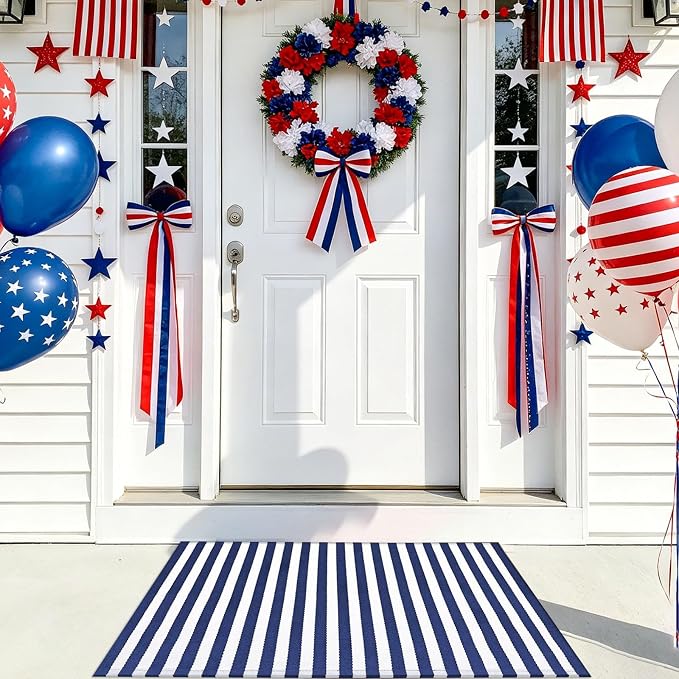 CAINANEL Blue and White Striped Rug 4th of July Door Mat Summer Front Porch Rug Independence Day Welcome Doormats for Farmhouse Entrance Porch Outdoors Decor(Blue and White, 24'' x 35'')
