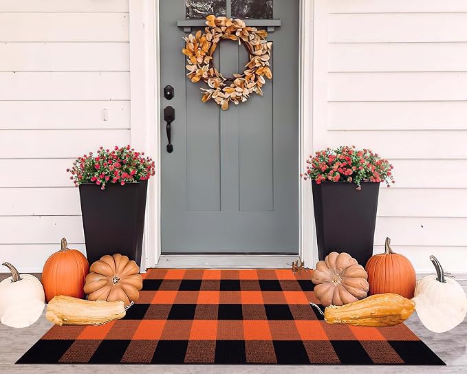 Orange and Black Outdoor Rug 2x4ft,Halloween Front Porch Rug Fall Cotton Woven Washable Layering Rug for Porch,Entryway,Hallway Indoor Outdoor