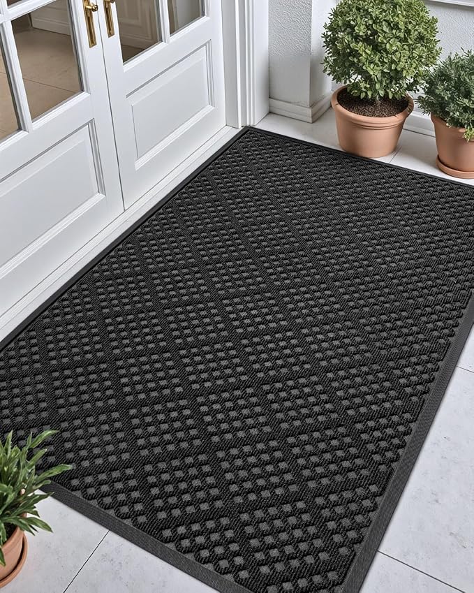DEXI Front Door Mat Outside Entrance, 32x48 Heavy Duty Entry Doormat Dirt Trapper with Rubber Back, Non Slip Low Profile Floor Mats for Entryway Exterior Patio, Rhombic Black