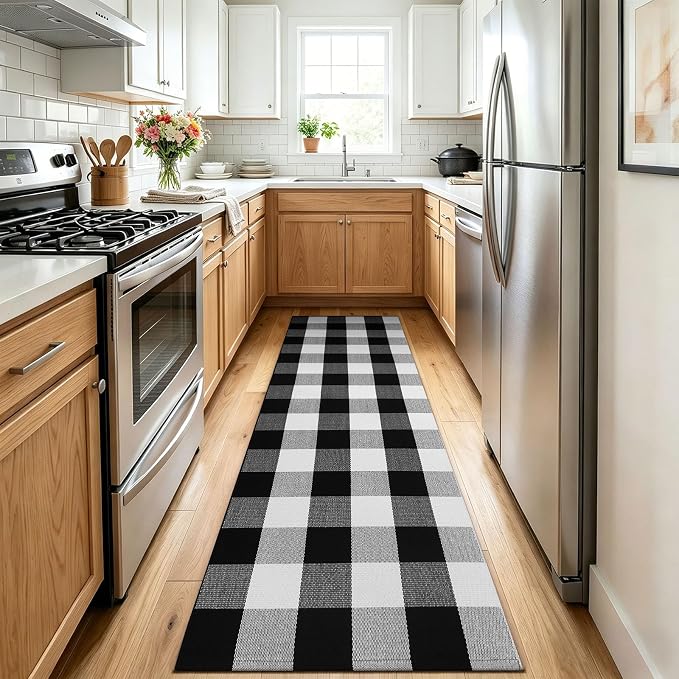 KOZYFLY Buffalo Plaid Rugs 2x6 Ft Runner Rug for Hallway Washable Woven Cotton Kitchen Runner Rug for Entryway Bedroom Living Room Farmhouse Checkered Carpet Runners