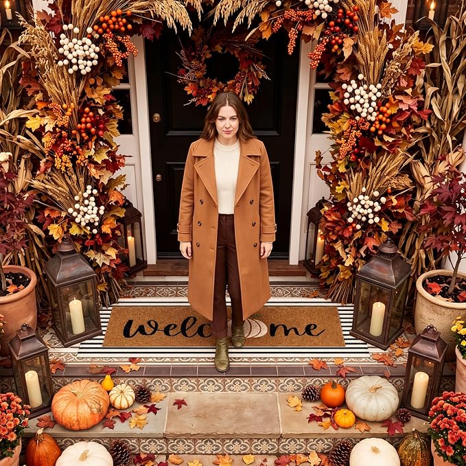 Moucuny 2 Pcs Fall Coir Doormat Set 16"x47" Pumpkin Coir Welcome Mat with 22"x56" Black White Striped Layered Rug, Non-Slip Fall Outdoor Entrance Mats for Thanksgiving Autumn Front Door Porch Decor