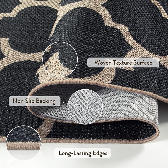 Lahome Moroccan Outdoor Rug 5x7, Easy Jute Black Washable Rugs for Patio Living Room, Geometric Trellis Woven Area Rug Non Slip for Backyard, Thin Non Shedding Farmhouse Carpet for Bedroom