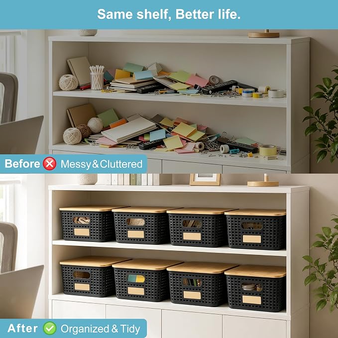 Bagnizer Small Plastic Storage Bins with Bamboo Lids 5.2qt Stackable Box Basket Pantry Decorative Containers Cute with Lable for Organizing Desktop Closet Office Black of 6 packs 10 * 7.2 * 4.1"