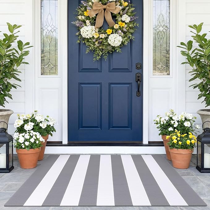 KOZYFLY Striped Rug 2.3x3.6 ft Front Door Rugs Gray White Cotton Woven Washable Indoor Outdoor Rug for Entryway Porch Kitchen Patio Decor Striped Layered Doormats