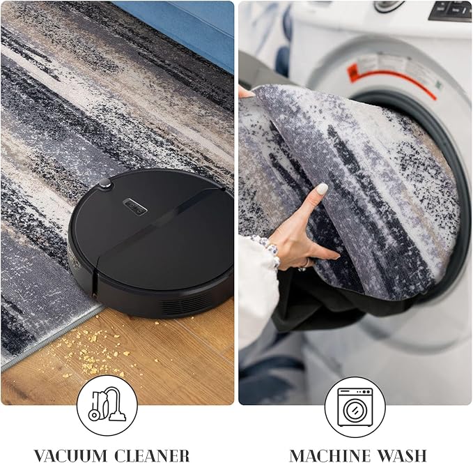 Lansny Modern Abstract Bedroom Runner Rug 2x7, Grey Black Multi Washable Kitchen Runner, Non-Slip Soft Thin Faux Wool Mat for Entryway, Hallway, Laundry Room, Indoor Home Decor