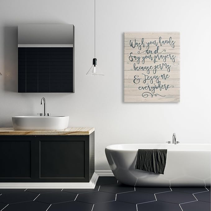 Stupell Industries 'Blue Script Germs and Jesus Cursive Planked Look Typography', Canvas Art, 30 x 40 Inches, Easy to Hang and Sturdy, Made in USA, by Jo Moulton